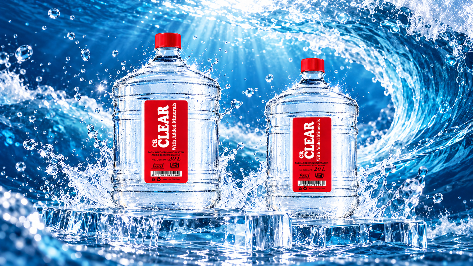 CR clear 20-Litre Water jars on presentation stage